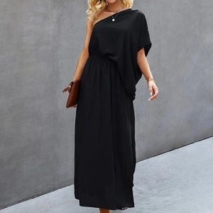 One Shoulder Thigh Slit Black Dress